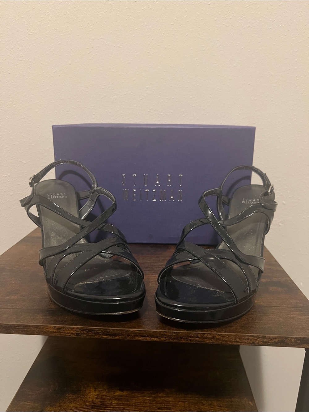 Stuart Weitzman Black Patent Crisscross Wedge Sandals